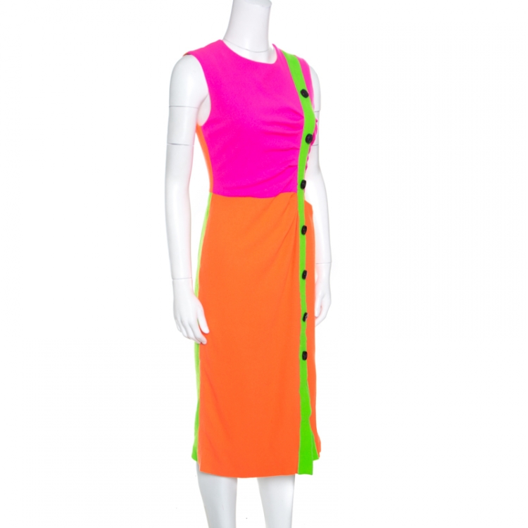 Pre Owned Roksanda Ilincic Neon Colorblock Wool Crepe Sleeveless Etting Dress M