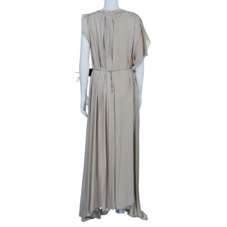 Pre Owned Roksanda Ilincic Beige Silk Satin Belted Column Gown M
