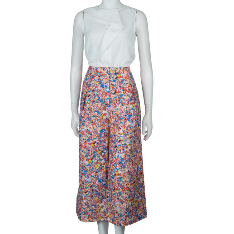 Pre Owned Roksanda Ilincic Multicolor Floral Print Textured Silk Wide Leg Pants M