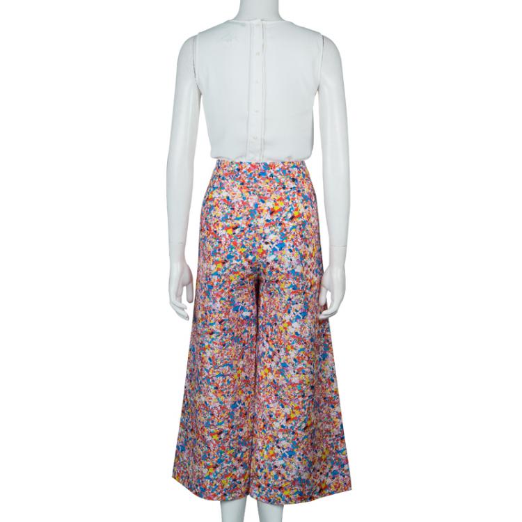Pre Owned Roksanda Ilincic Multicolor Floral Print Textured Silk Wide Leg Pants M