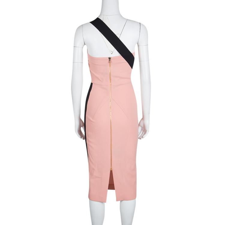 Pre Owned Roland Mouret Peach Contrast One Shoulder Wool Dress S