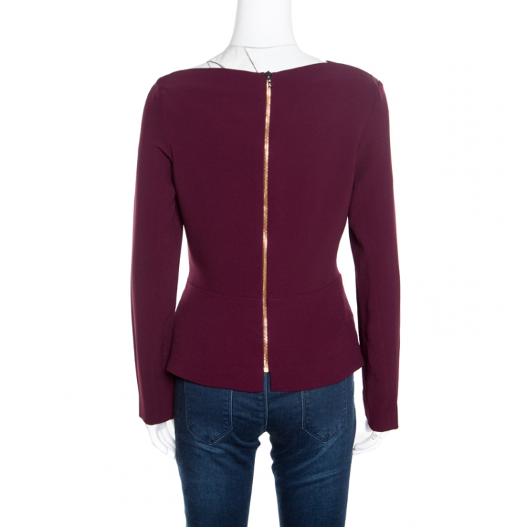 Pre Owned Roland Mouret Burgundy Contrast Trim Long Sleeve Asymmetric Top L