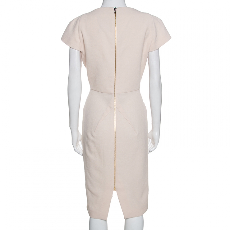 Pre Owned Roland Mouret Cream Wool Crepe Short Sleeve Tourney Dress L
