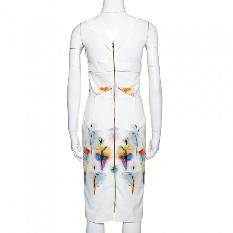 Pre Owned Roland Mouret Cream Piora Printed Stretch Cotton Blend Dress M