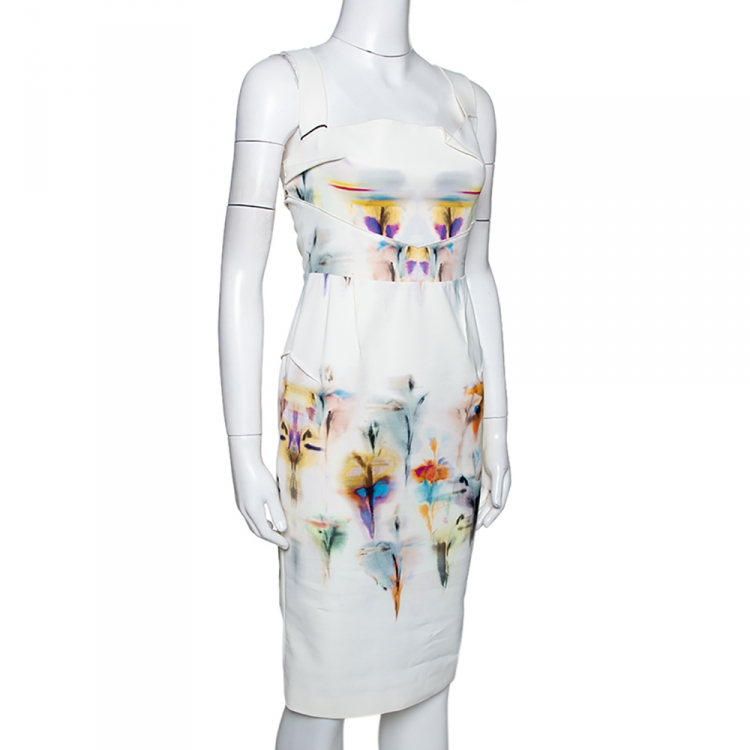 Pre Owned Roland Mouret Cream Piora Printed Stretch Cotton Blend Dress M