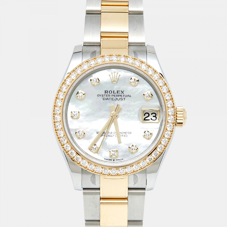 Pre Owned Rolex Mother Of Pearl Diamond 18K Yellow Gold Oystersteel M278383RBR-0027 Datejust Women's Wristwatch 31 mm
