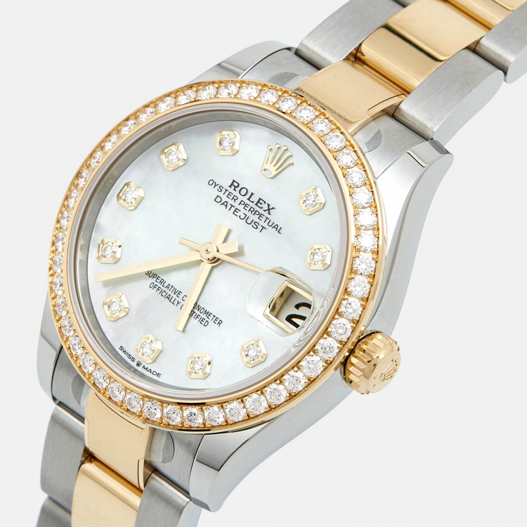 Pre Owned Rolex Mother Of Pearl Diamond 18K Yellow Gold Oystersteel M278383RBR-0027 Datejust Women's Wristwatch 31 mm