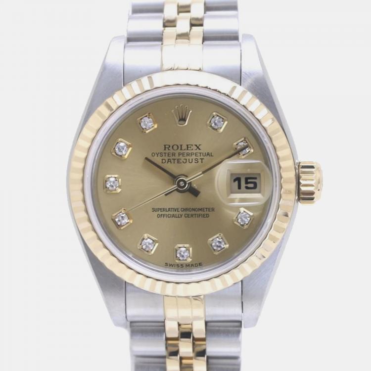 Pre Owned Rolex Champagne Diamond 18k Yellow Gold Stainless Steel Datejust 79173 Automatic Women's Wristwatch 26 mm