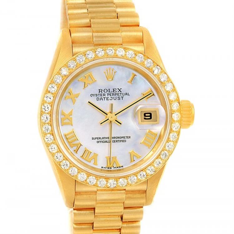مملوكة مسبقًا Rolex Mother of Pearl 18K Yellow Gold Diamonds President Datejust Women's Wristwatch 26MM