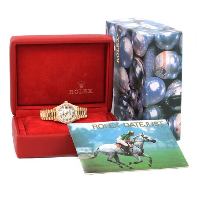 مملوكة مسبقًا Rolex Mother of Pearl 18K Yellow Gold Diamonds President Datejust Women's Wristwatch 26MM