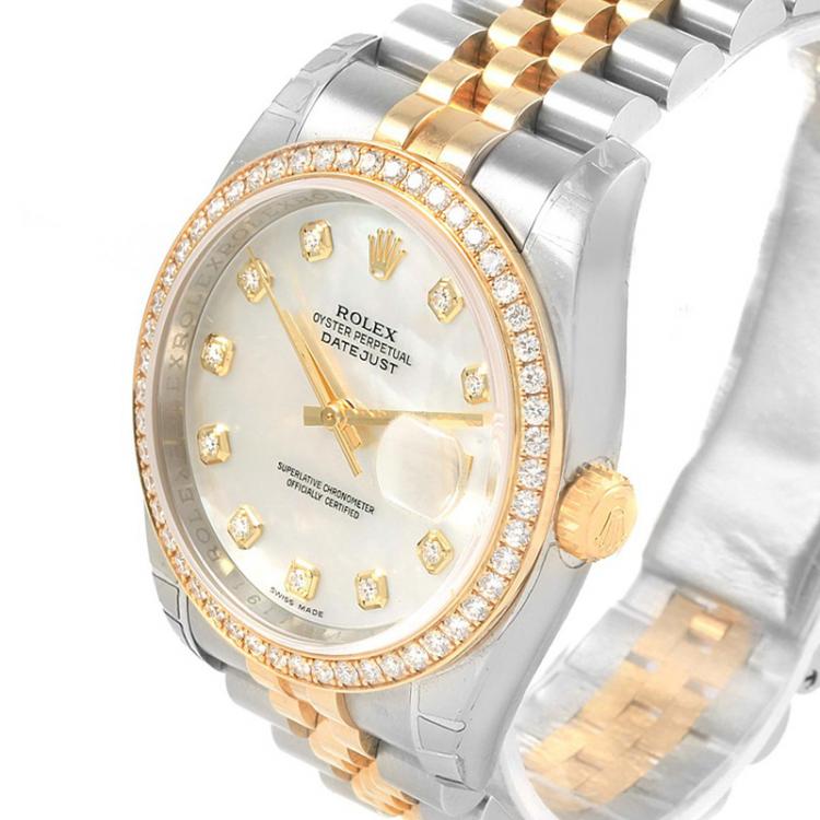 مملوكة مسبقًا Rolex Mother of Pearl 18K Yellow Gold and Stainless Steel Diamond Datejust Women's Wristwatch 36MM