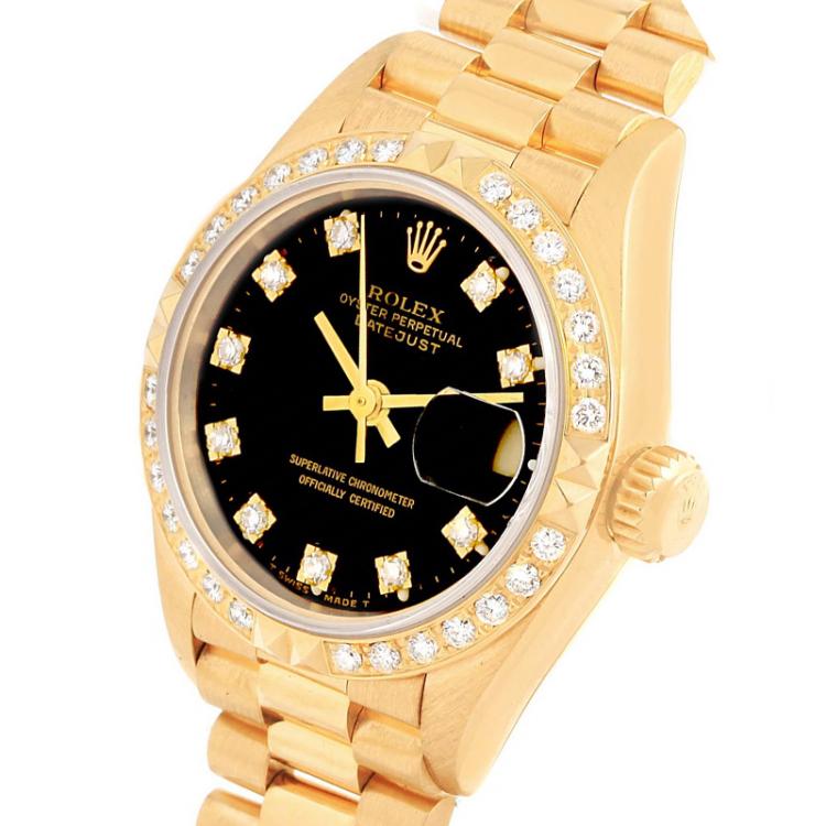 Pre Owned Rolex Black 18K Yellow Gold Diamond President Datejust Women's Wristwatch 26MM