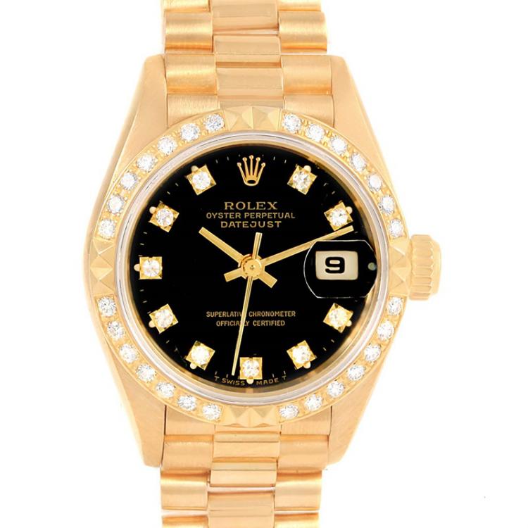Pre Owned Rolex Black 18K Yellow Gold Diamond President Datejust Women's Wristwatch 26MM