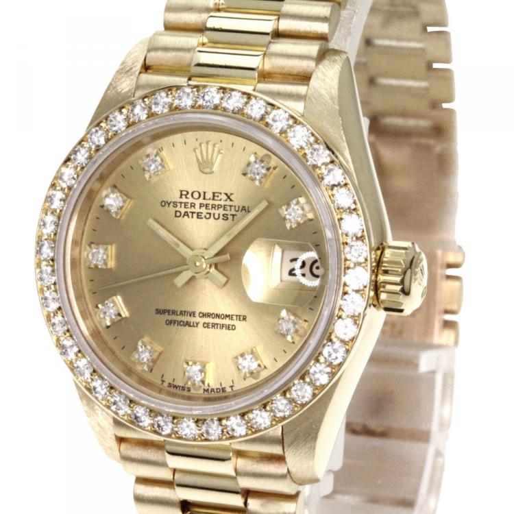 مملوكة مسبقًا Rolex Champagne Gold 18K Yellow Gold Diamond Datejust Women's Wristwatch 26MM