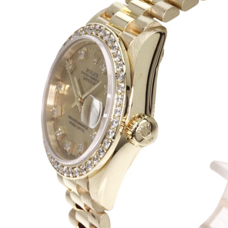 مملوكة مسبقًا Rolex Champagne Gold 18K Yellow Gold Diamond Datejust Women's Wristwatch 26MM