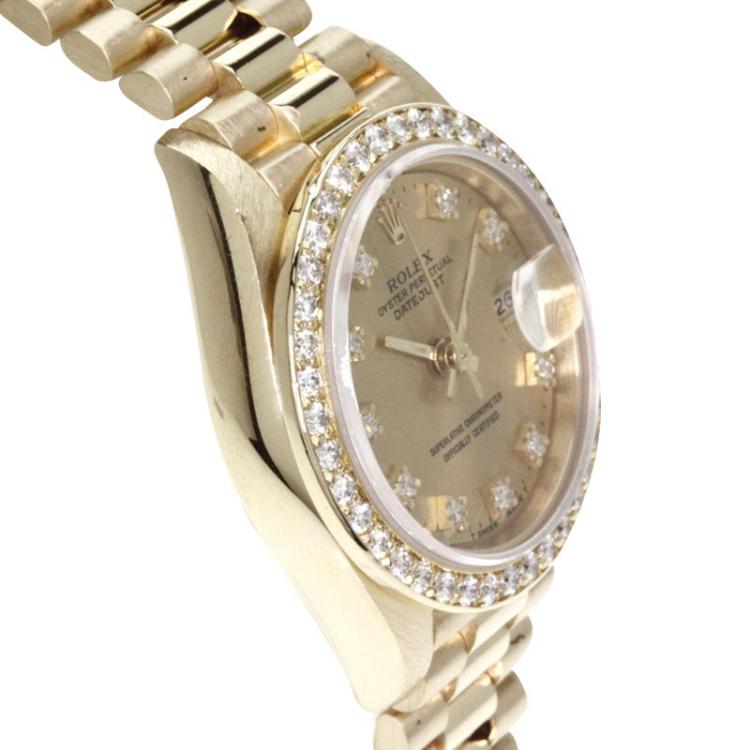مملوكة مسبقًا Rolex Champagne Gold 18K Yellow Gold Diamond Datejust Women's Wristwatch 26MM