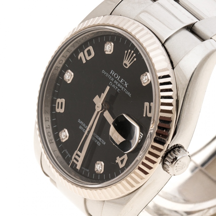 Pre Owned Rolex Black Stainless Steel Oyster Perpetual Date 115234 Women's Wristwatch 34 mm