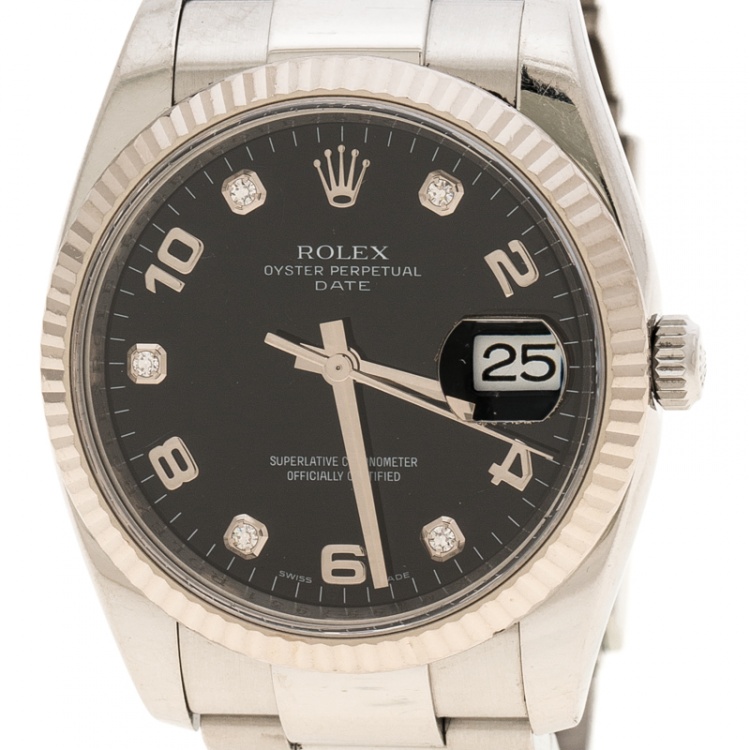 Pre Owned Rolex Black Stainless Steel Oyster Perpetual Date 115234 Women's Wristwatch 34 mm
