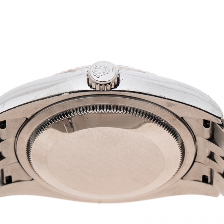 مملوكة مسبقًا Rolex Dark Mother of Pearl 18K White Gold and Stainless Steel Diamonds Datejust 116234 Women's Wristwatch 36 mm
