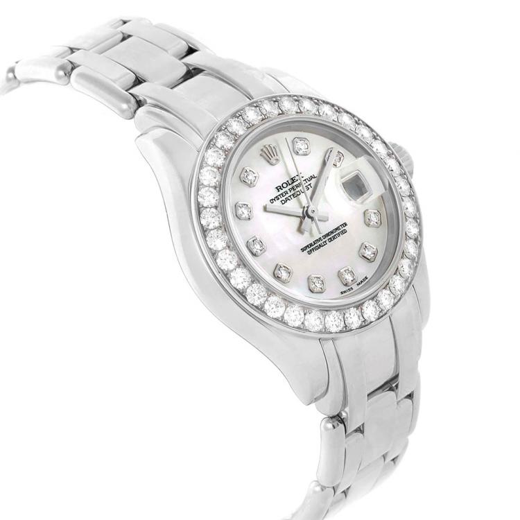Pre Owned Rolex MOP 18K White Gold Diamond Pearlmaster Women's Wristwatch 29MM