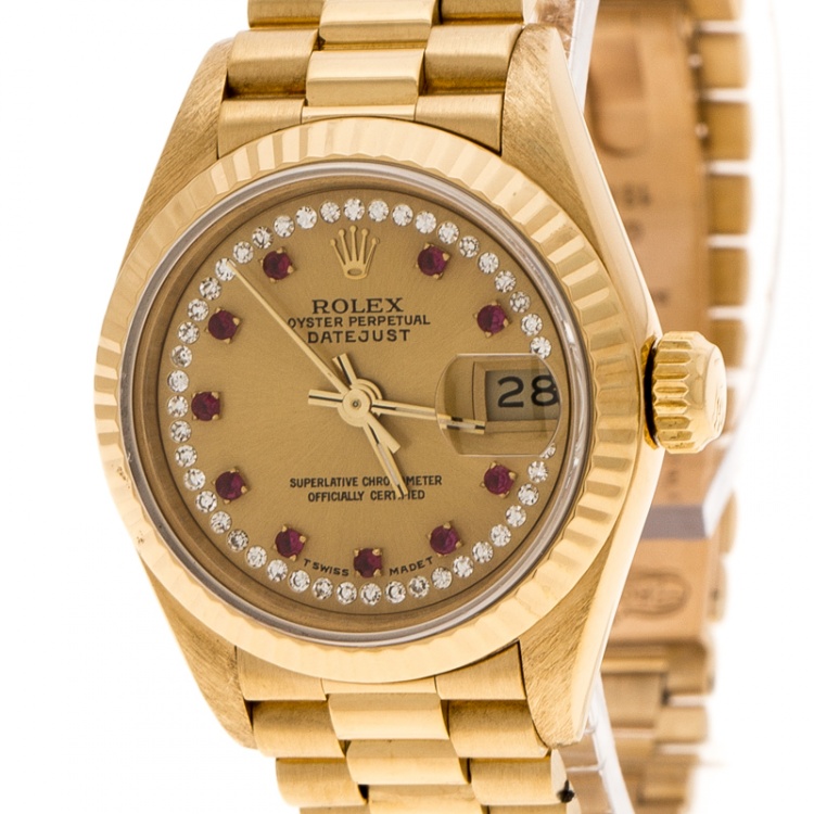 Pre Owned Rolex Gold Dial 18K Yellow Gold Diamonds 69178 Datejust Women's Wristwatch 26 mm