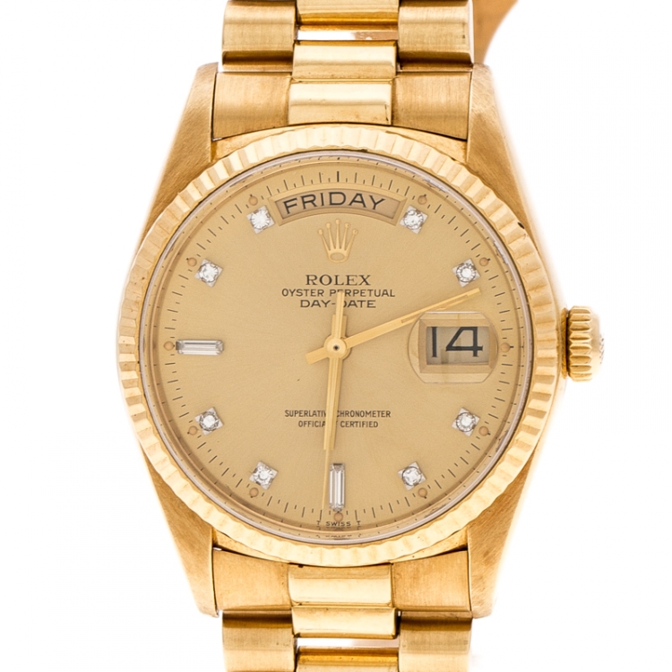 Pre Owned Rolex Diamond 18k Yellow Gold Day Date President Women's Wristwatch 35MM