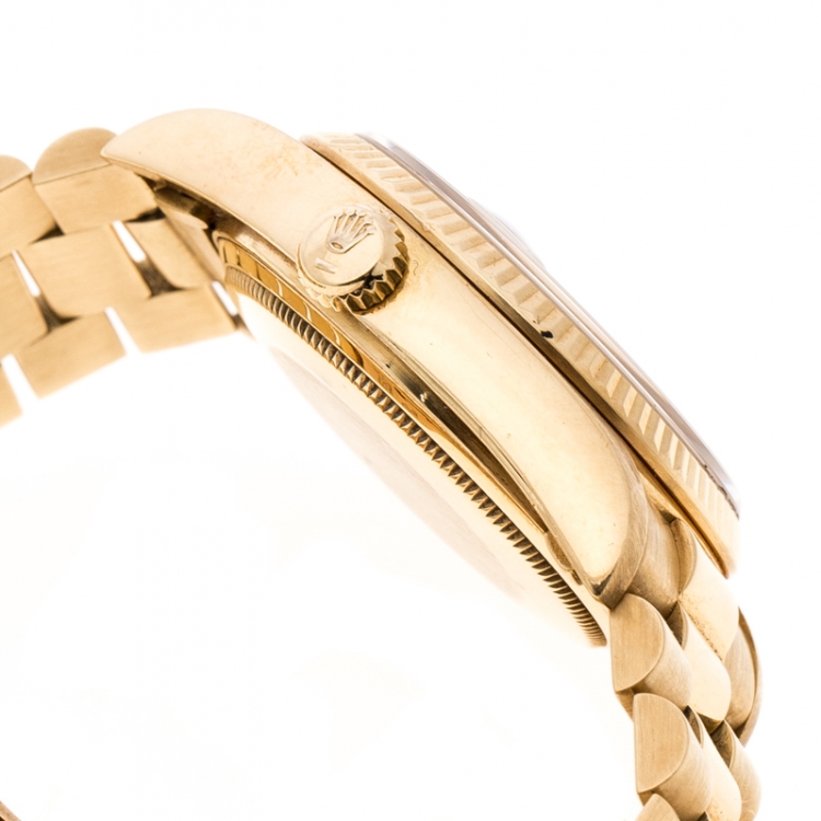 Pre Owned Rolex Diamond 18k Yellow Gold Day Date President Women's Wristwatch 35MM