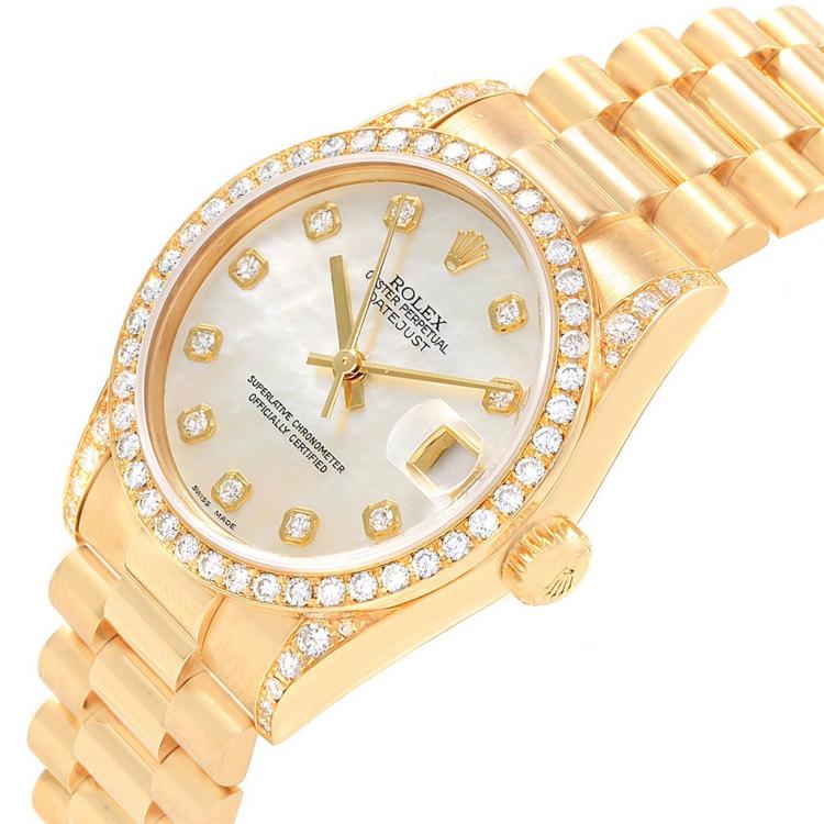 Pre Owned Rolex MOP 18K Yellow Gold Diamond President Datejust Women's Wristwatch 31MM