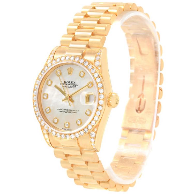 Pre Owned Rolex MOP 18K Yellow Gold Diamond President Datejust Women's Wristwatch 31MM
