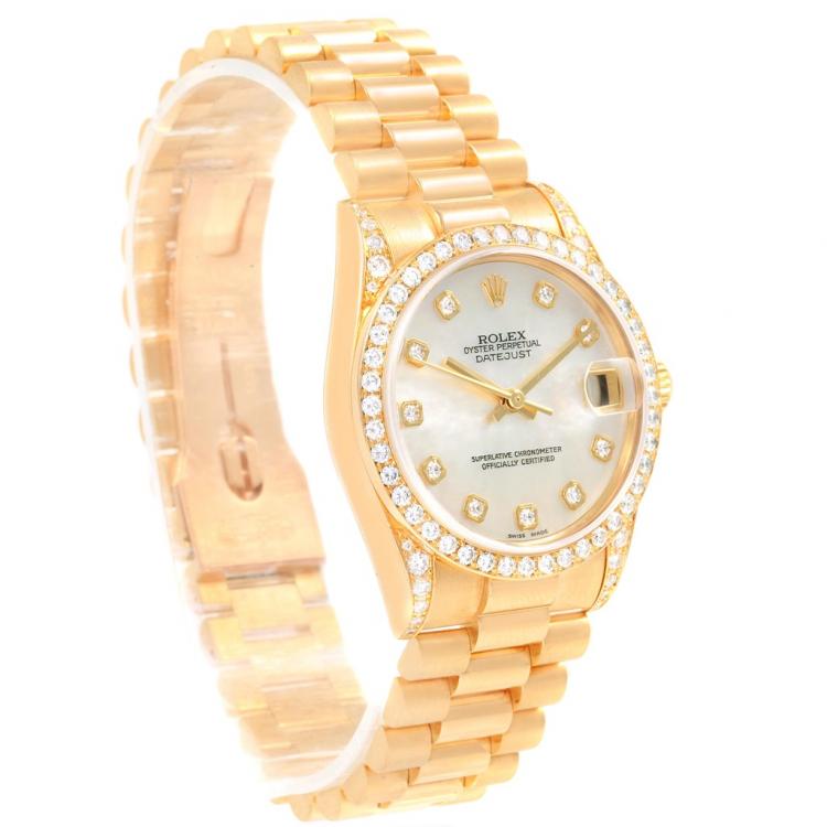 Pre Owned Rolex MOP 18K Yellow Gold Diamond President Datejust Women's Wristwatch 31MM