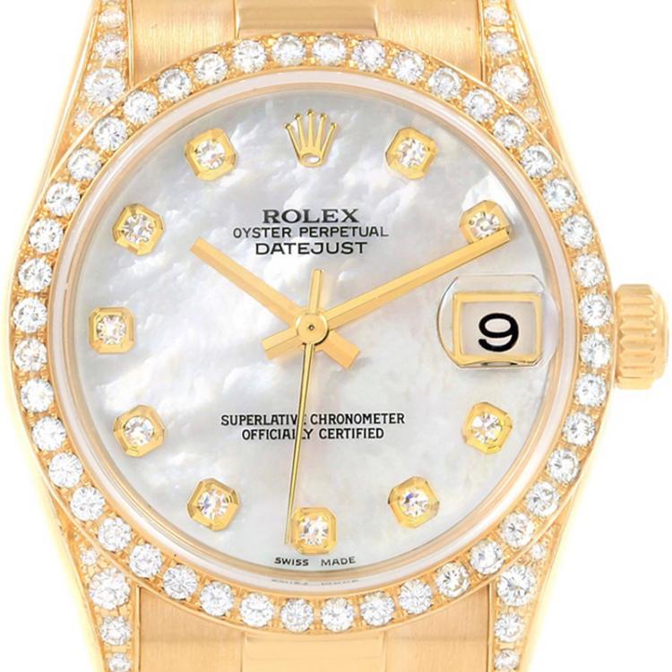 Pre Owned Rolex MOP 18K Yellow Gold Diamond President Datejust Women's Wristwatch 31MM