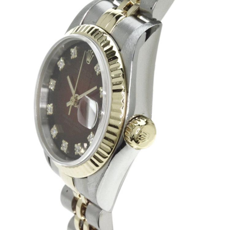 Pre Owned Rolex Champagne Red 18K Yellow Gold and Stainless Steel Datejust 69173 Women's Wristwatch 26 MM