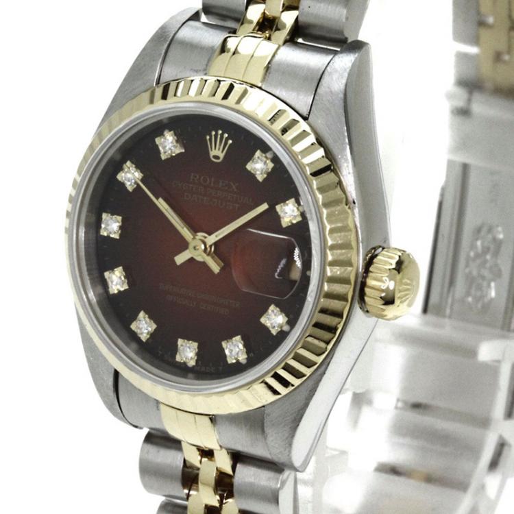 Pre Owned Rolex Champagne Red 18K Yellow Gold and Stainless Steel Datejust 69173 Women's Wristwatch 26 MM