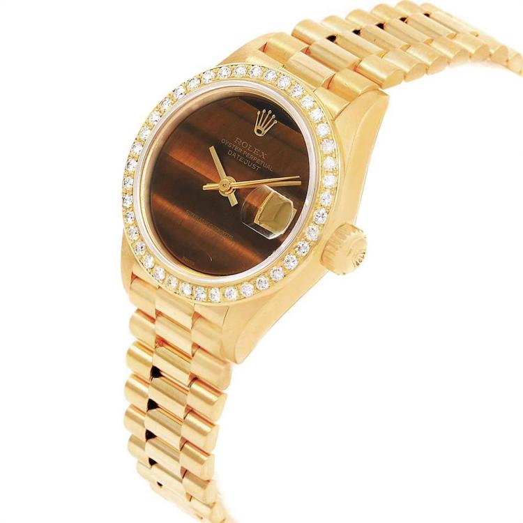 مملوكة مسبقًا Rolex Tiger Eye 18K Yellow Gold Diamond President Datejust Women's Wristwatch 26MM
