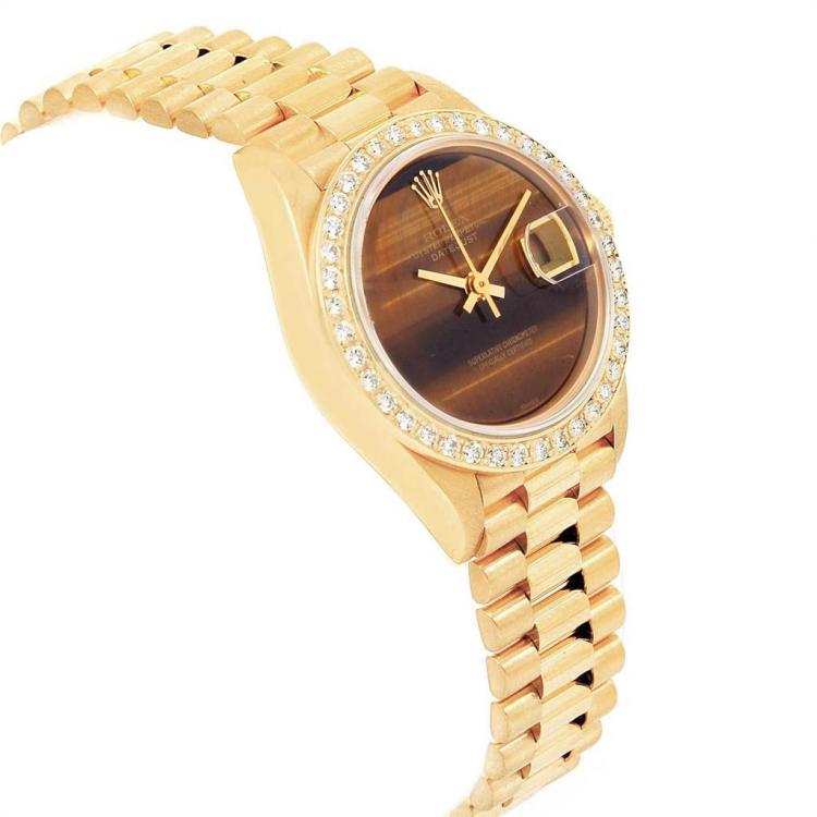 مملوكة مسبقًا Rolex Tiger Eye 18K Yellow Gold Diamond President Datejust Women's Wristwatch 26MM