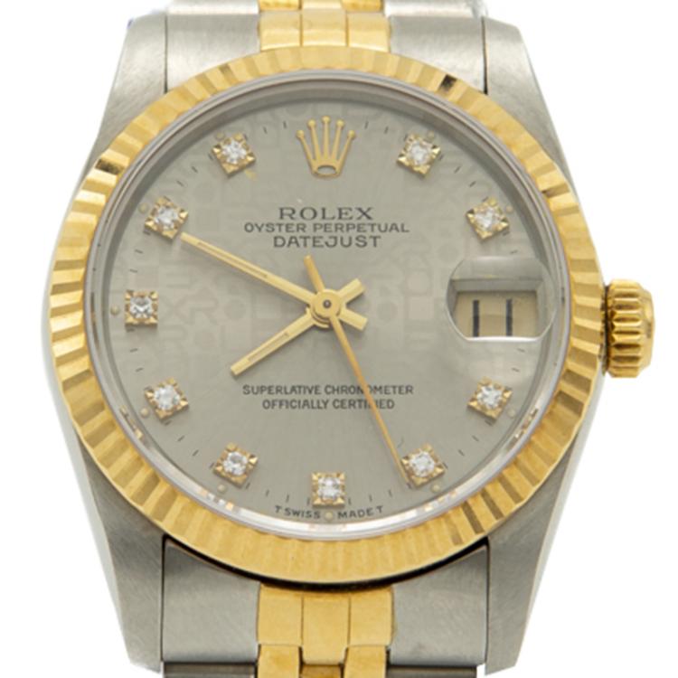 Pre Owned Rolex Grey Diamond Dial Gold & Steel Date Just Women's Watch 31MM