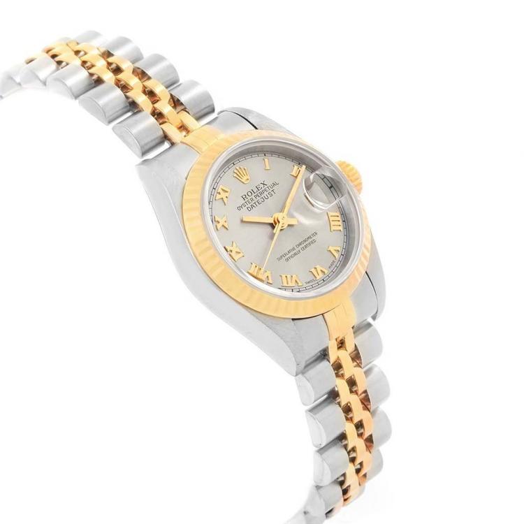 Pre Owned Rolex Slate 18K Yellow Gold and Stainless Steel Datejust 69173 Women's Wristwatch 26MM