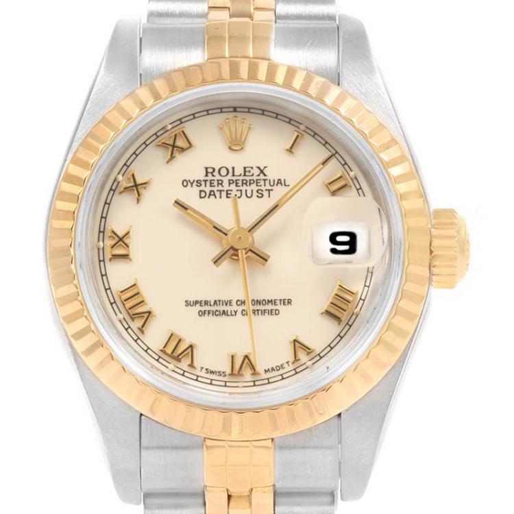 Pre Owned Rolex Ivory 18K Yellow Gold and Stainless Steel Datejust 69173 Women's Wristwatch 26MM