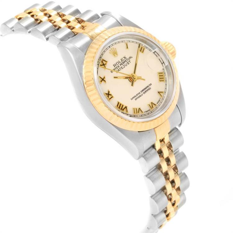Pre Owned Rolex Ivory 18K Yellow Gold and Stainless Steel Datejust 69173 Women's Wristwatch 26MM