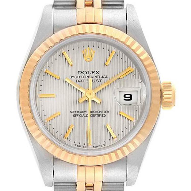 Pre Owned Rolex Silver Tapestry 18K Yellow Gold and Stainless Steel Datejust 69173 Women's Wristwatch 26MM