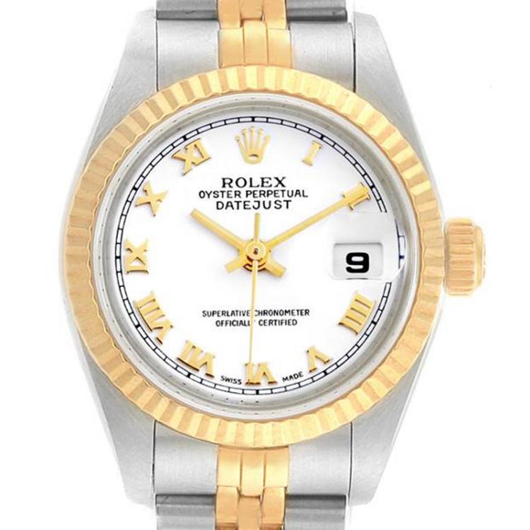 مملوكة مسبقًا Rolex White 18K Yellow Gold and Stainless Steel Datejust 69173 Women's Wristwatch 26MM