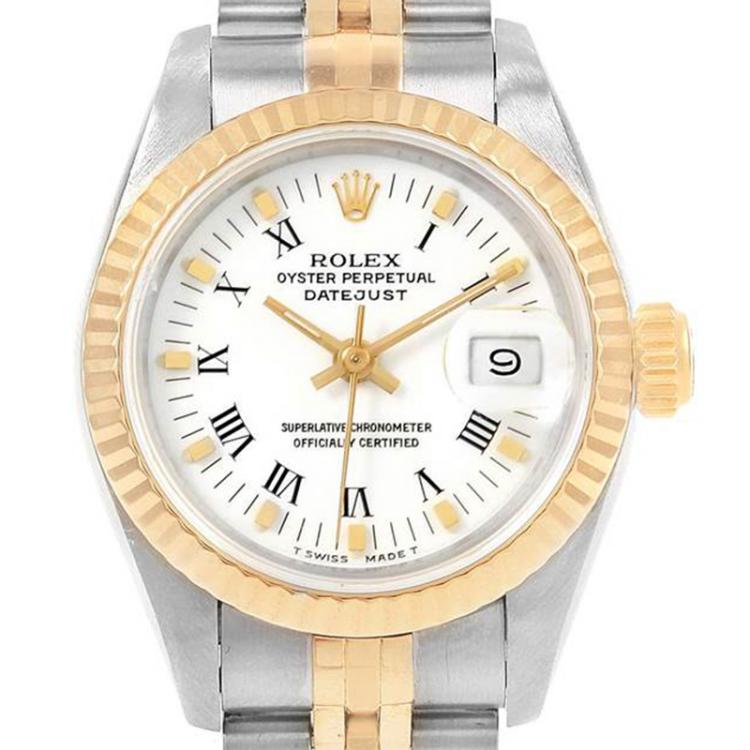 Pre Owned Rolex White 18K Yellow Gold and Stainless Steel Datejust 69173 Women's Wristwatch 26MM