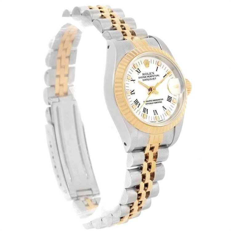 Pre Owned Rolex White 18K Yellow Gold and Stainless Steel Datejust 69173 Women's Wristwatch 26MM