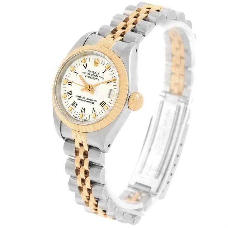 Pre Owned Rolex White 18K Yellow Gold and Stainless Steel Datejust 69173 Women's Wristwatch 26MM