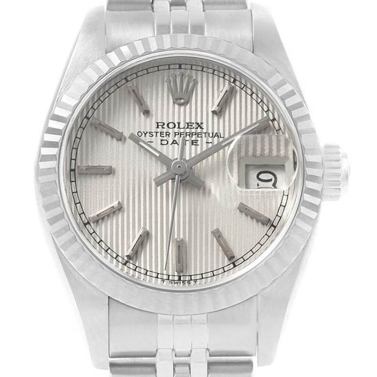 Pre Owned Rolex Silver 18K White Gold and Stainless Steel Datejust 69174 Women's Wristwatch 26MM