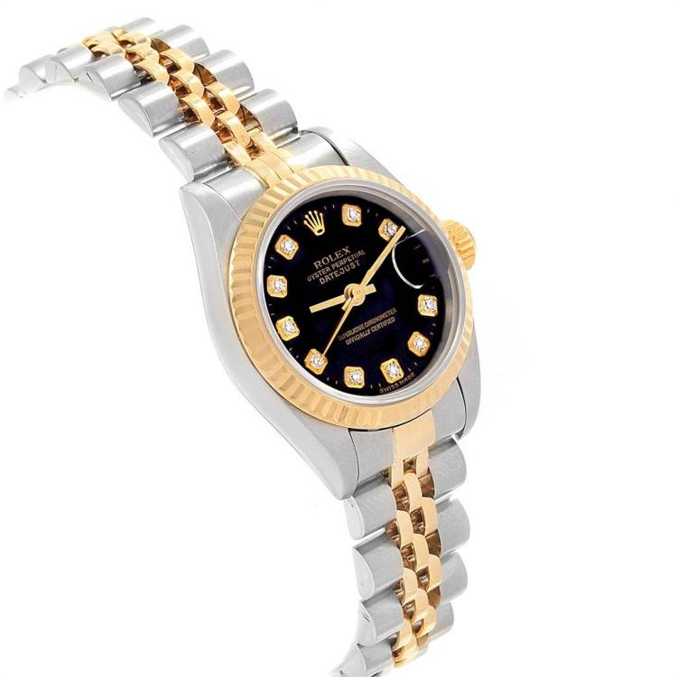مملوكة مسبقًا Rolex Black 18K Yellow Gold and Stainless Steel Datejust 79173 Women's Wristwatch 26MM
