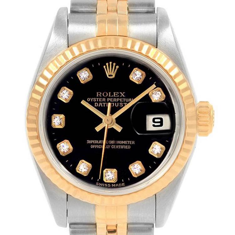مملوكة مسبقًا Rolex Black 18K Yellow Gold and Stainless Steel Datejust 79173 Women's Wristwatch 26MM