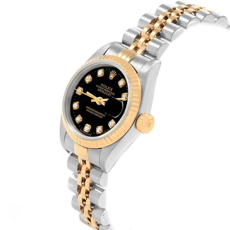 مملوكة مسبقًا Rolex Black 18K Yellow Gold and Stainless Steel Datejust 79173 Women's Wristwatch 26MM