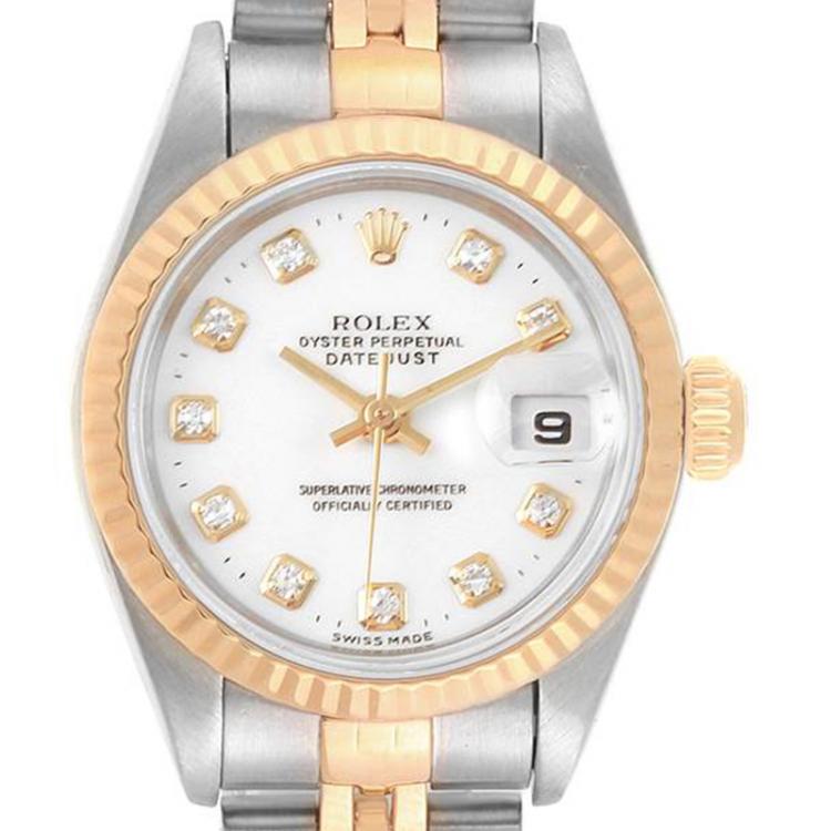 Pre Owned Rolex White 18K Yellow Gold and Stainless Steel Datejust 79173 Women's Wristwatch 26MM