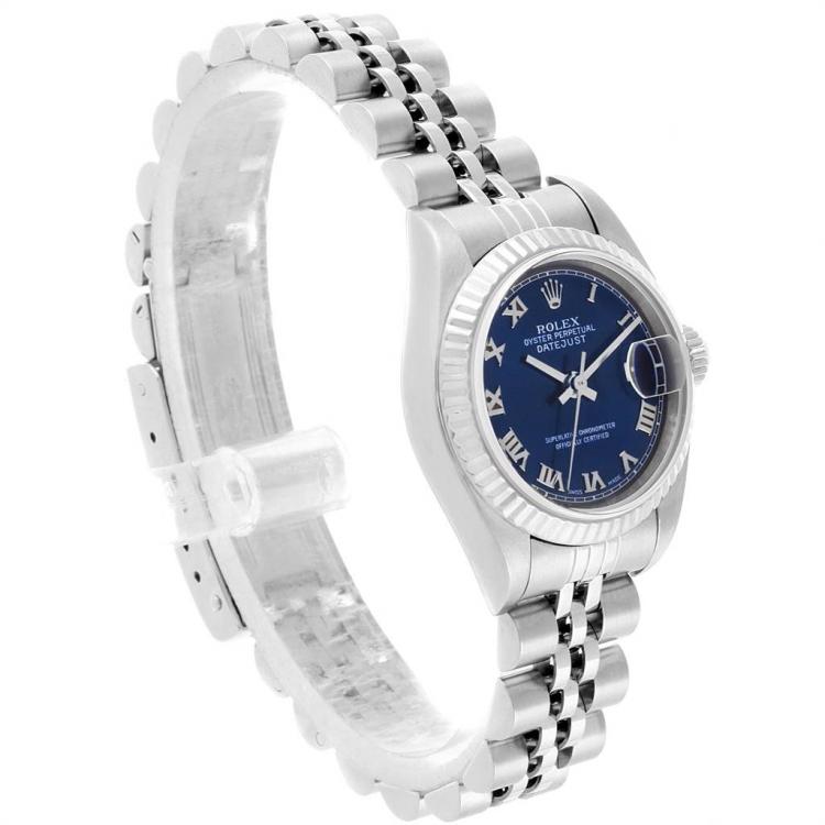Pre Owned Rolex Blue 18K White Gold and Stainless Steel Datejust 79174 Women's Wristwatch 26MM